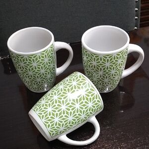 Green and White Ceramic Mugs Set
